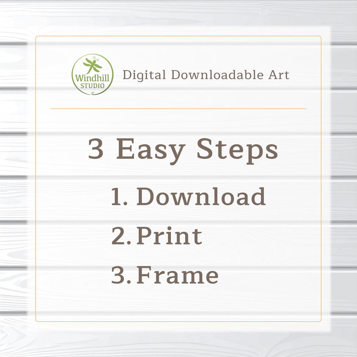 Image showing the three easy steps it takes to buy downloadable digital artwork from Windhill Studio.