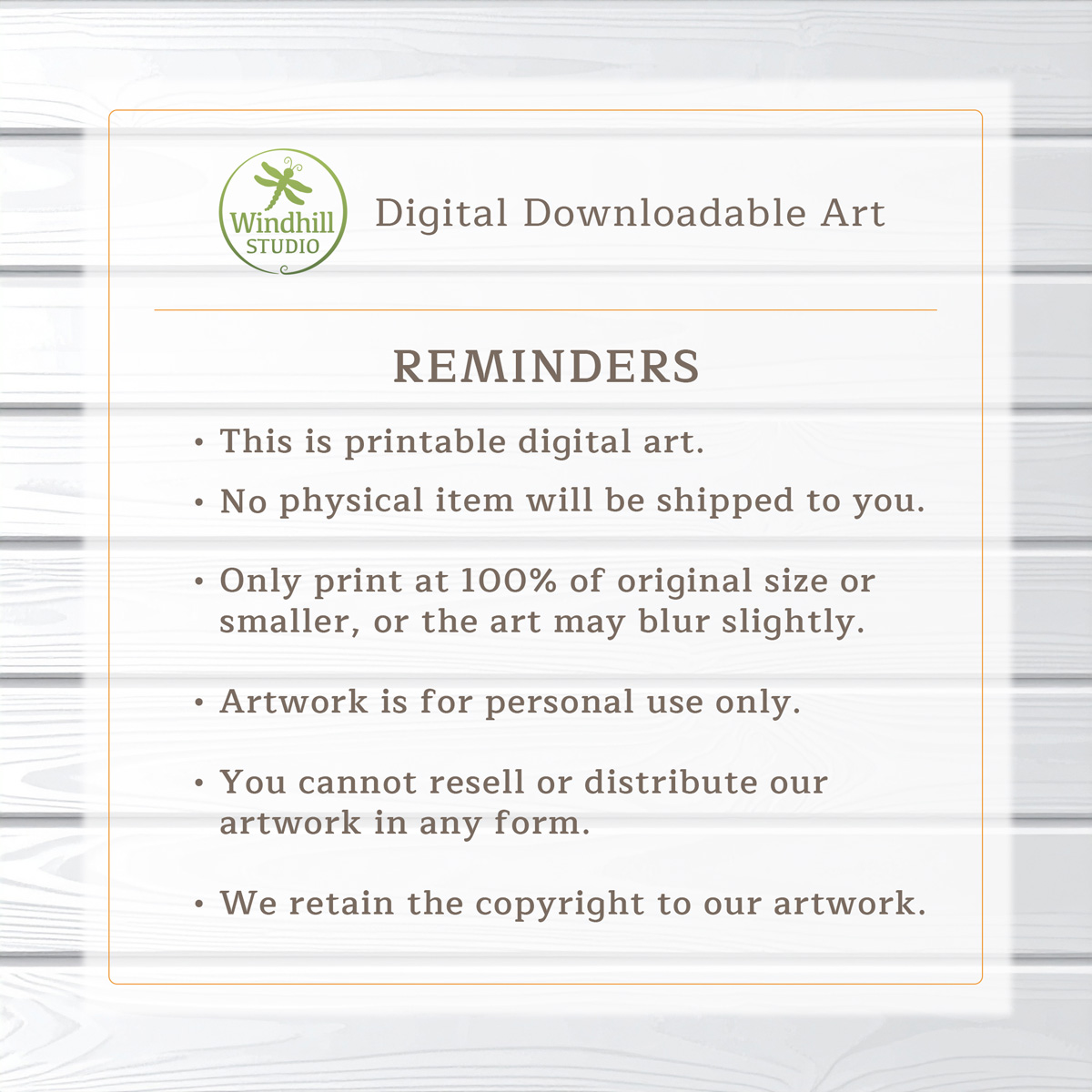 Image showing reminders about how buyers can use downloadable digital artwork from Windhill Studio.