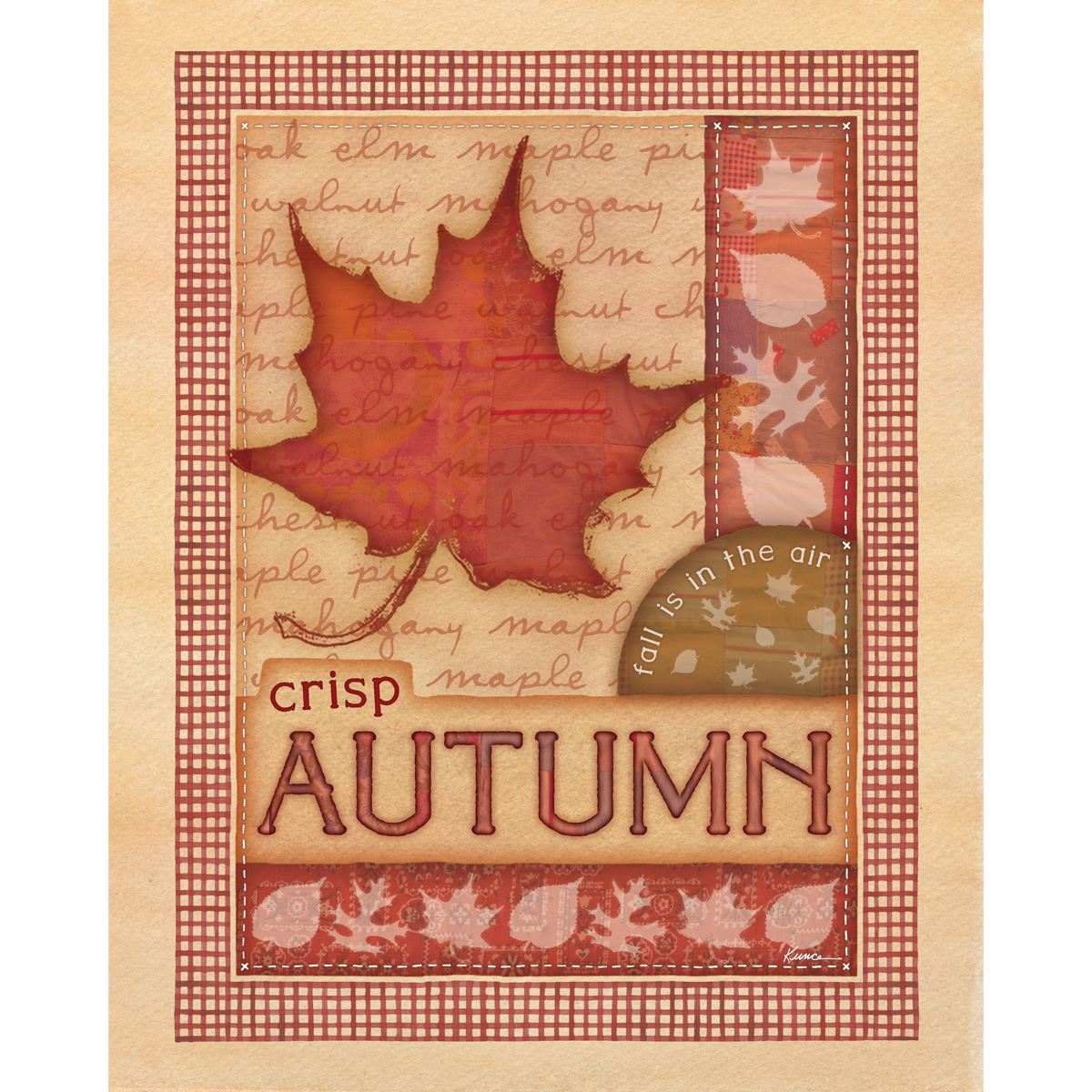 Crisp Autumn Maple Leaf – autumn wall art printable with red maple leaf, vintage script, gingham border and rustic fall colors.