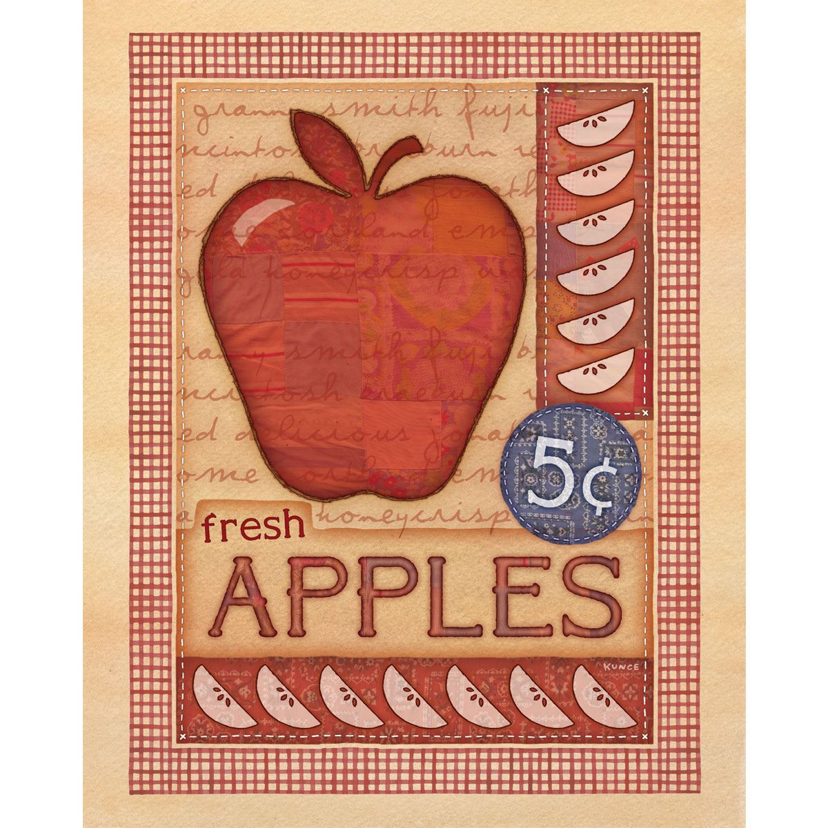 Fresh Apples – apple wall art printable with red apple, vintage script, gingham border and 5-cents market badge.