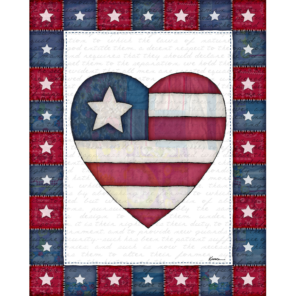 Patriotic Wall Art Printable - Americana Heart with quilted stars and red white blue fabric texture.