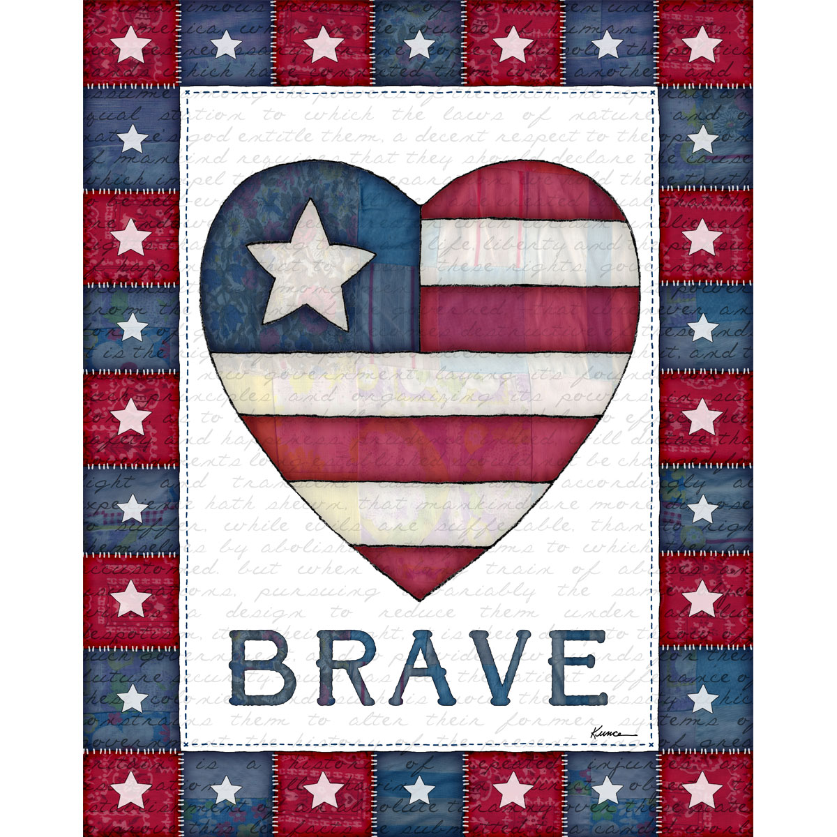 Patriotic Wall Art Printable – Beloved Americana Heart with quilted stars and red white blue fabric texture.