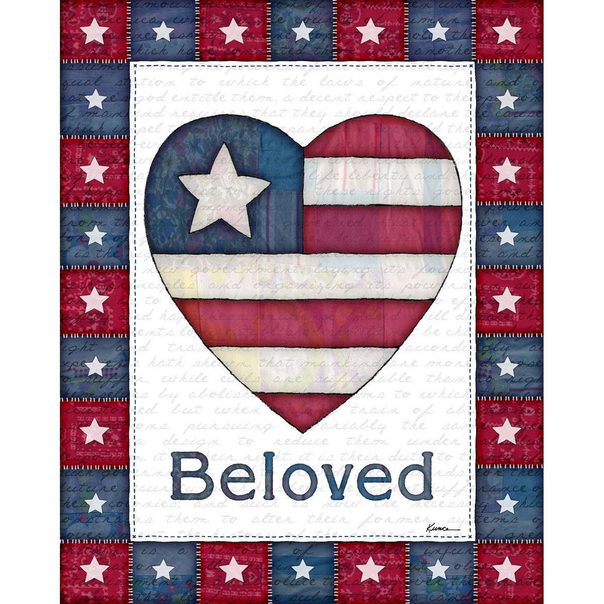Patriotic Wall Art Printable – Beloved Americana Heart with quilted stars and red white blue fabric texture.