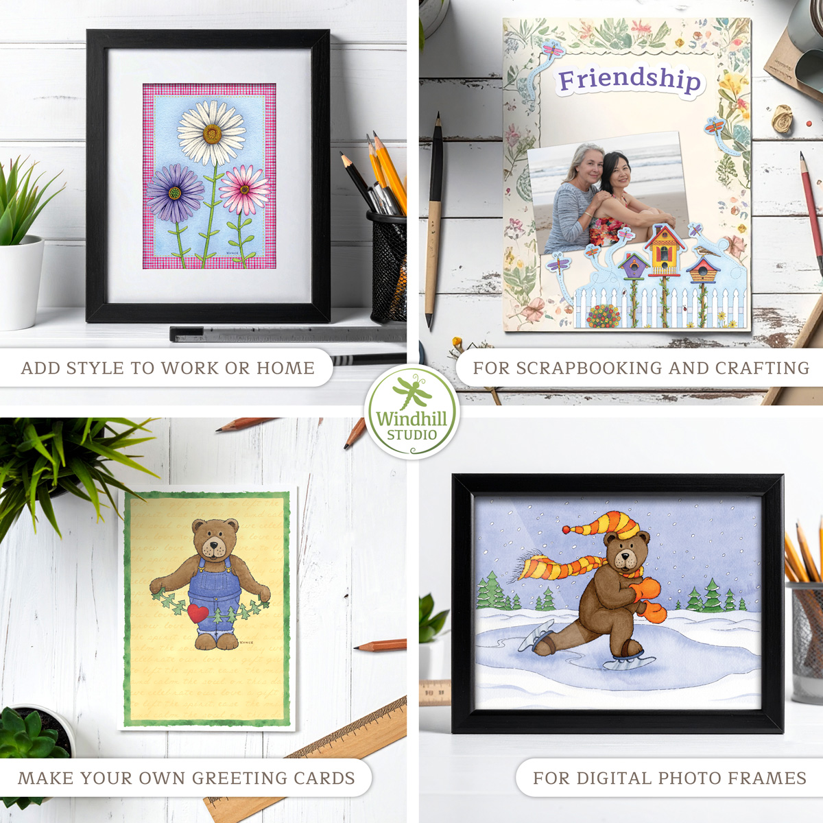 Image showing buyers how that can use downloadable digital artwork from Windhill Studio including on your work or home desk, while scrapbooking or crafting, making your own greeting cards, or displaying in digital photo frames.