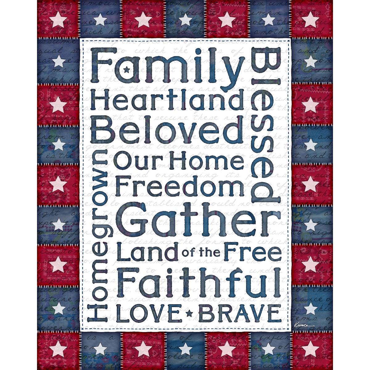 Patriotic Wall Art Printable - Americana Word Art with quilted stars and red white blue fabric texture.