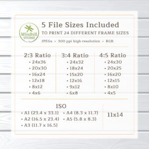 Visual showing all 24 sizes of artwork you can print with our five downloadable sizes