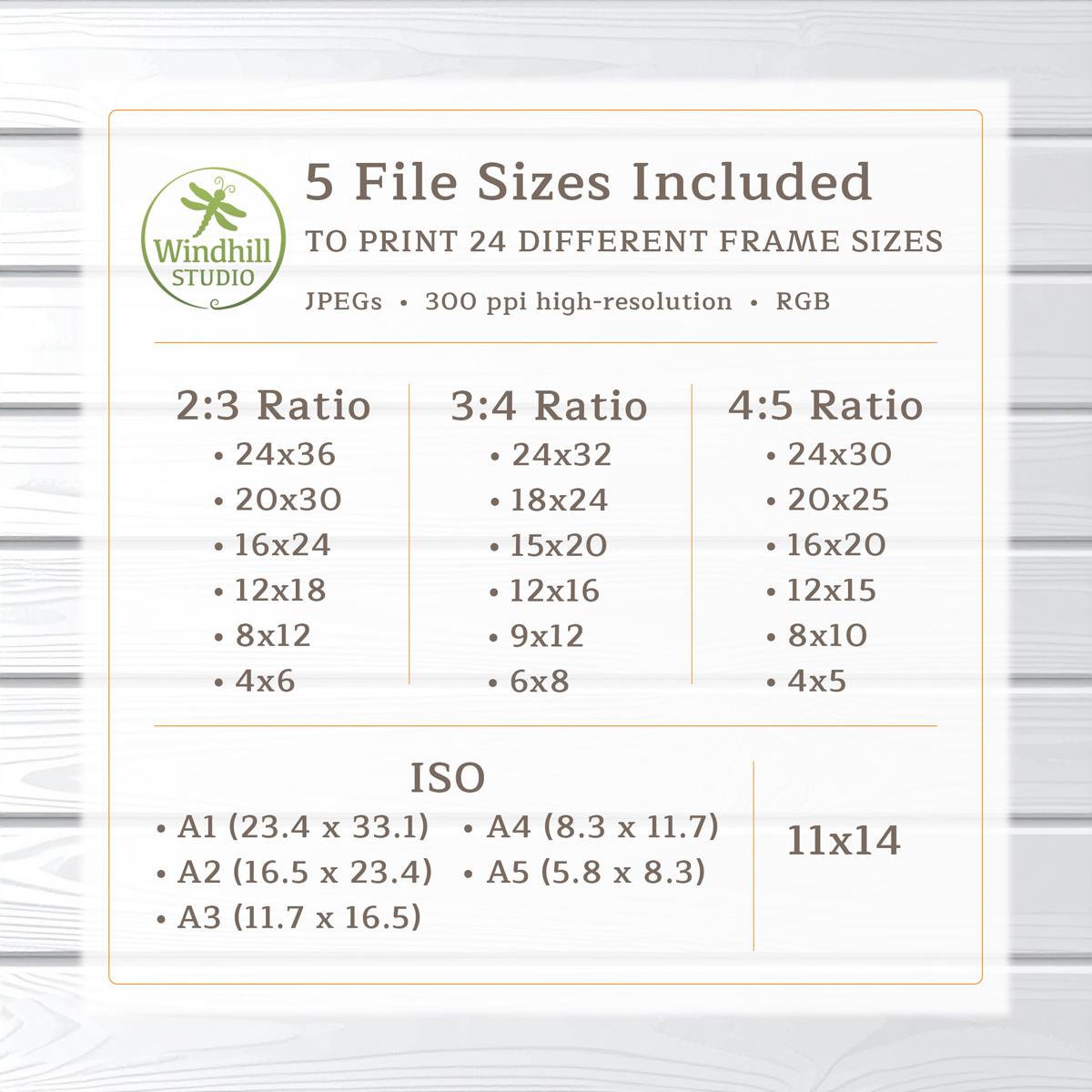 Visual showing all 24 sizes of artwork you can print with our five downloadable sizes