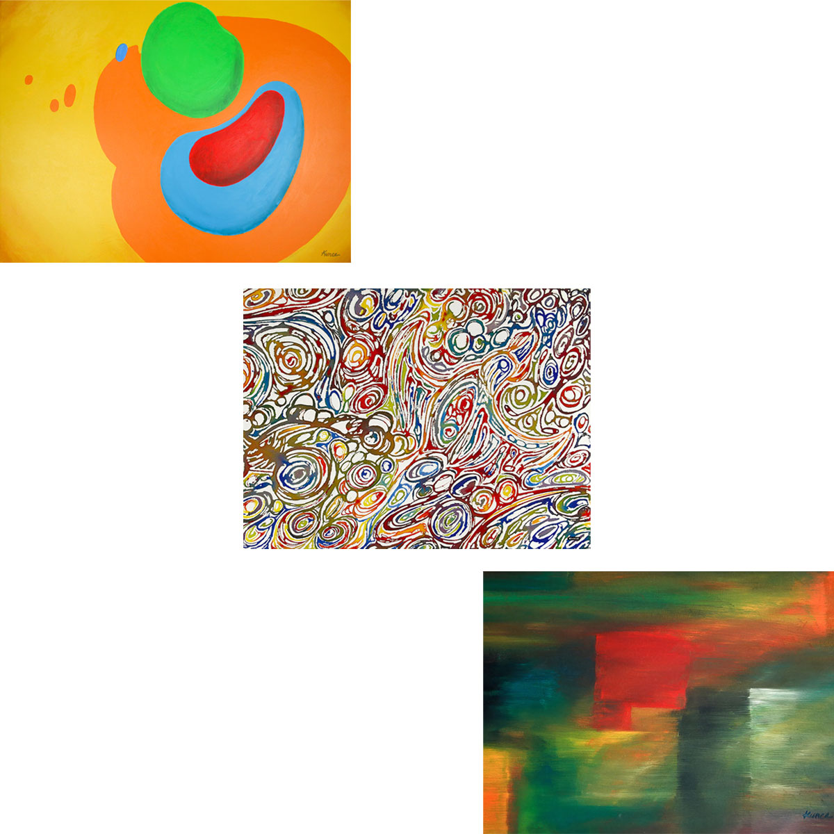 A three-panel image displaying the distinct styles of an Abstract Wall Art Bundle: minimalist organic shapes, colorful swirls, and horizontal color blocking.