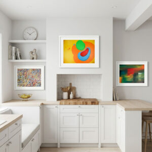 A three-panel image displaying the distinct styles of an Abstract Wall Art Bundle: minimalist organic shapes, colorful swirls, and horizontal color blocking.