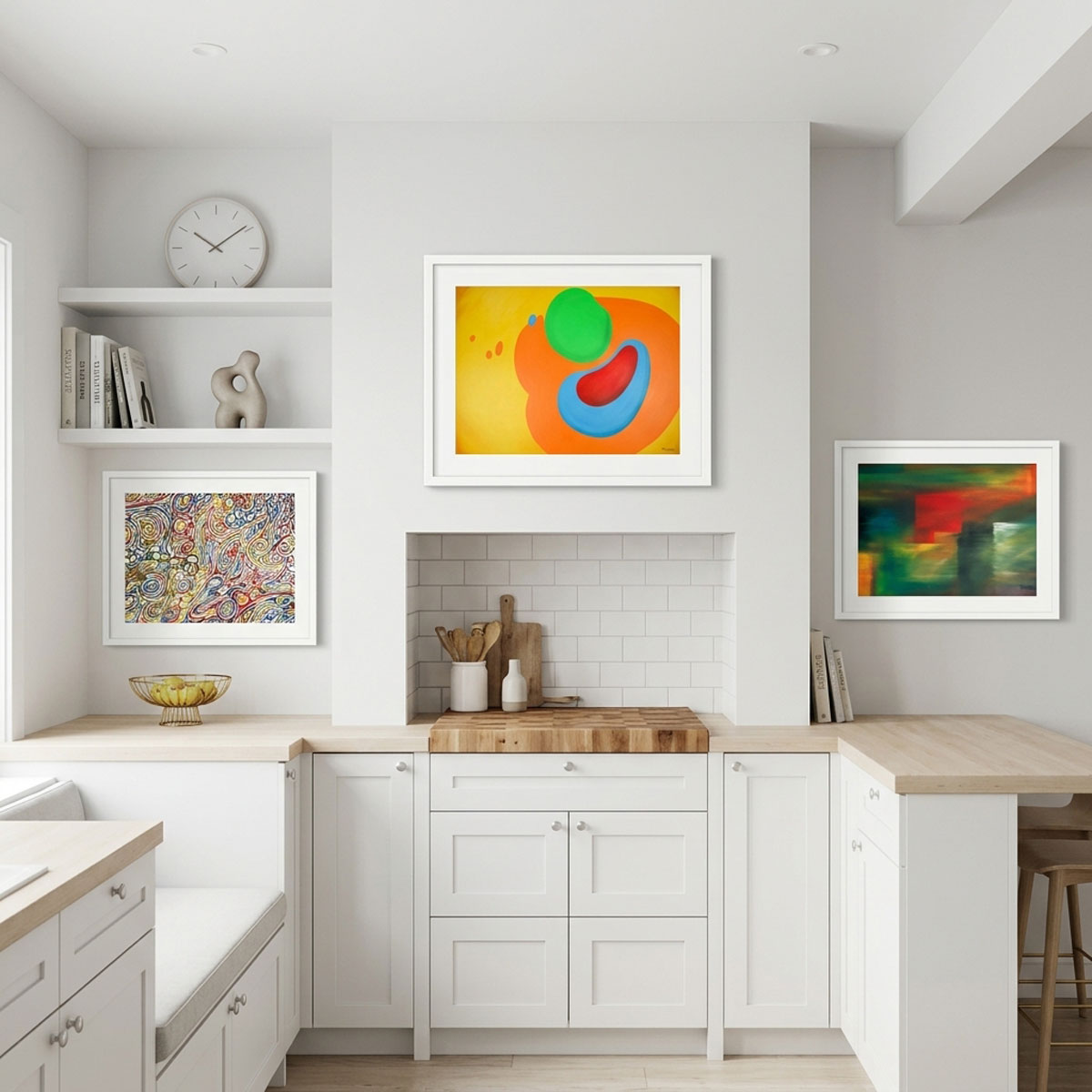 A three-panel image displaying the distinct styles of an Abstract Wall Art Bundle: minimalist organic shapes, colorful swirls, and horizontal color blocking.