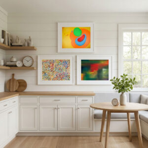 A three-panel image displaying the distinct styles of an Abstract Wall Art Bundle: minimalist organic shapes, colorful swirls, and horizontal color blocking.