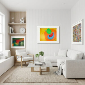 A three-panel image displaying the distinct styles of an Abstract Wall Art Bundle: minimalist organic shapes, colorful swirls, and horizontal color blocking.