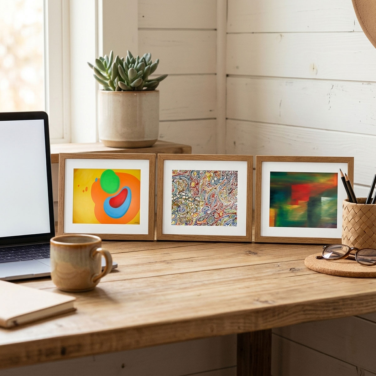 A three-panel image displaying the distinct styles of an Abstract Wall Art Bundle: minimalist organic shapes, colorful swirls, and horizontal color blocking.