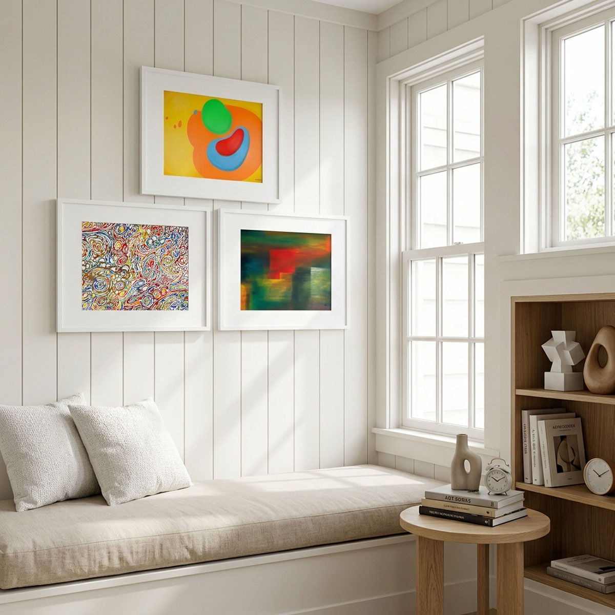 A three-panel image displaying the distinct styles of an Abstract Wall Art Bundle: minimalist organic shapes, colorful swirls, and horizontal color blocking.