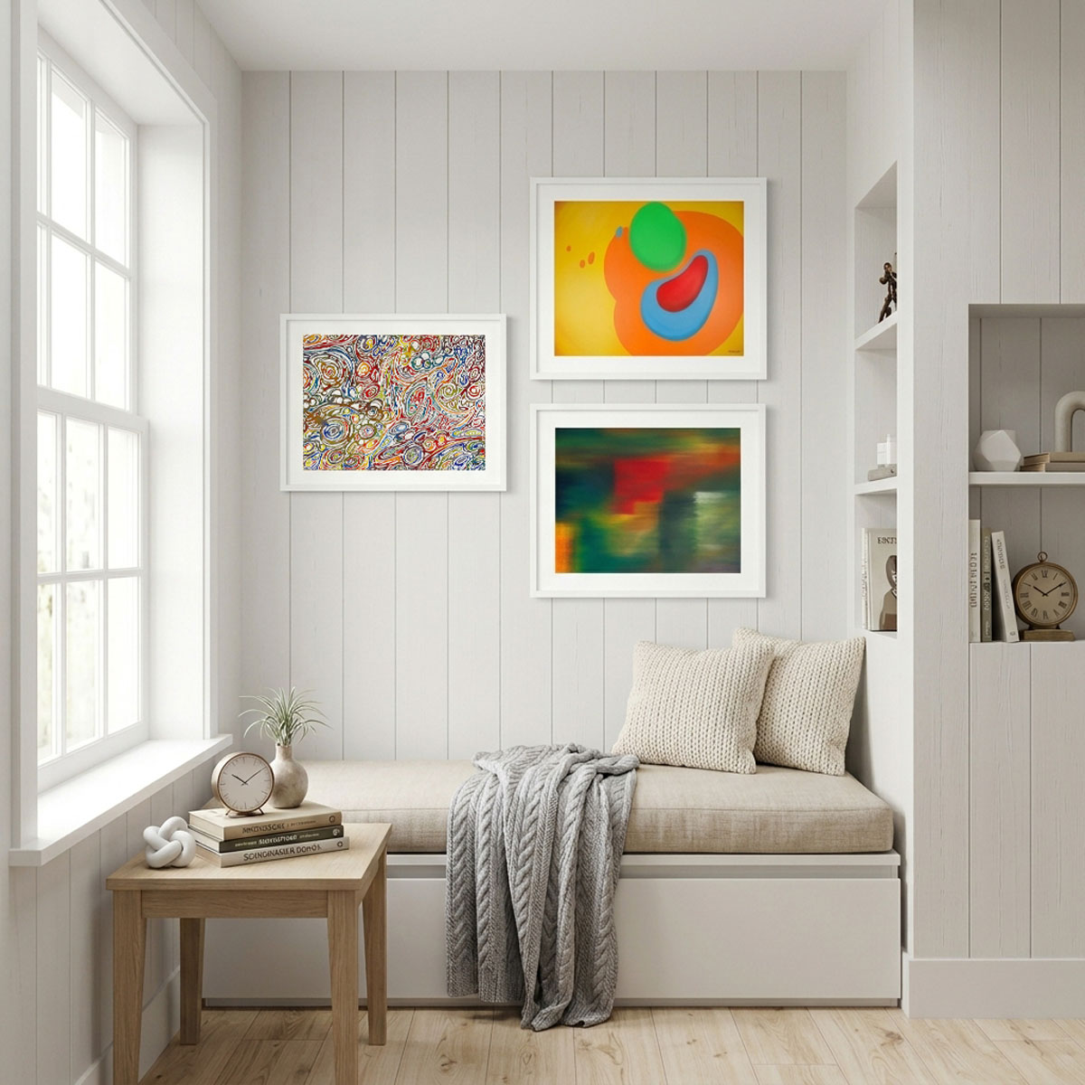 A three-panel image displaying the distinct styles of an Abstract Wall Art Bundle: minimalist organic shapes, colorful swirls, and horizontal color blocking.
