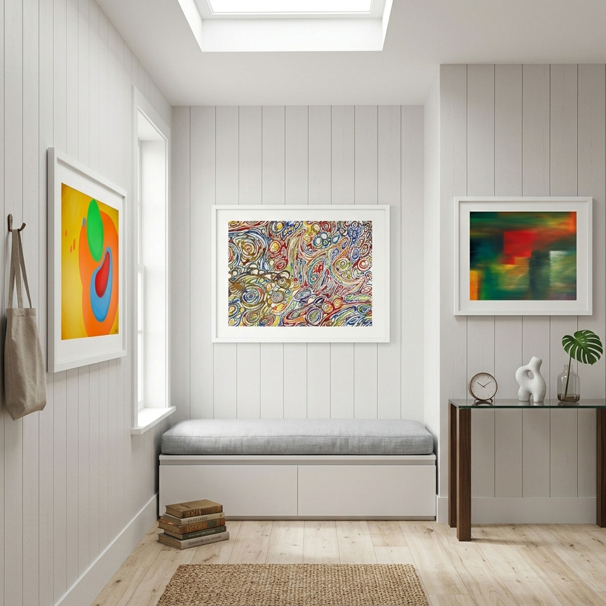 A three-panel image displaying the distinct styles of an Abstract Wall Art Bundle: minimalist organic shapes, colorful swirls, and horizontal color blocking.