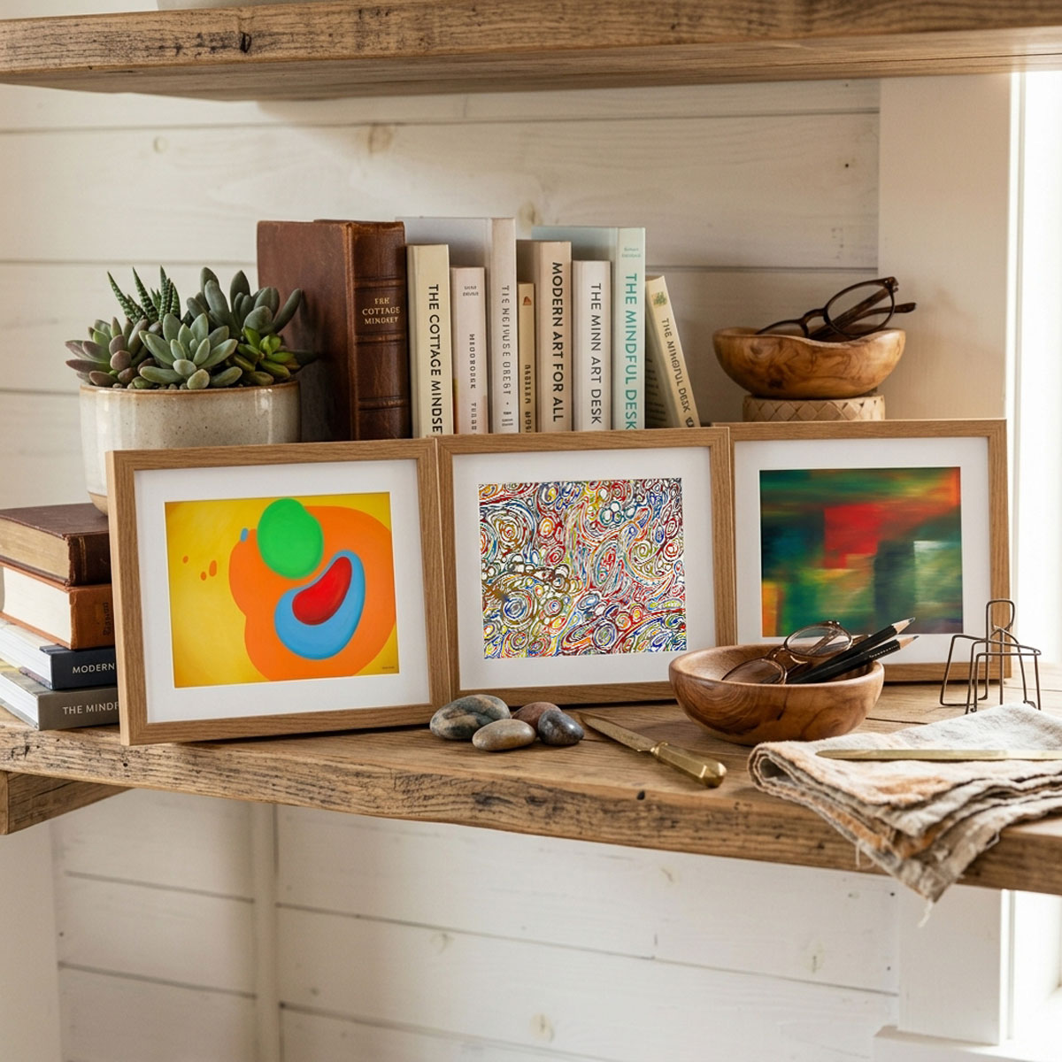A three-panel image displaying the distinct styles of an Abstract Wall Art Bundle: minimalist organic shapes, colorful swirls, and horizontal color blocking.