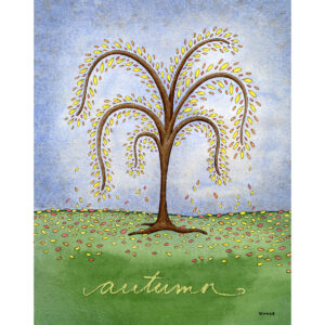 Printable autumn tree wall art with handwritten "autumn" script featuring a watercolor tree with yellow and orange fall leaves dropping onto a green hill