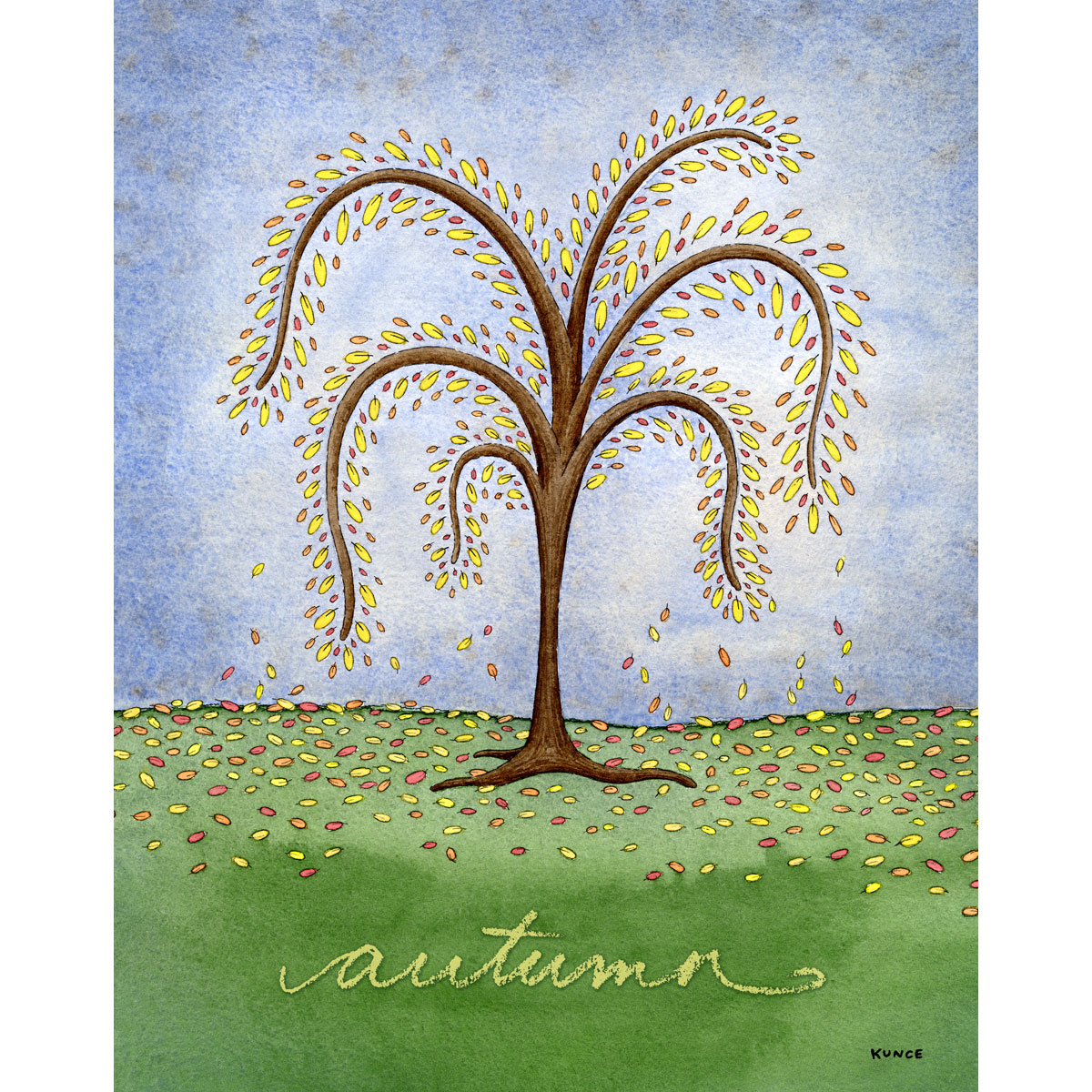 Printable autumn tree wall art with handwritten "autumn" script featuring a watercolor tree with yellow and orange fall leaves dropping onto a green hill