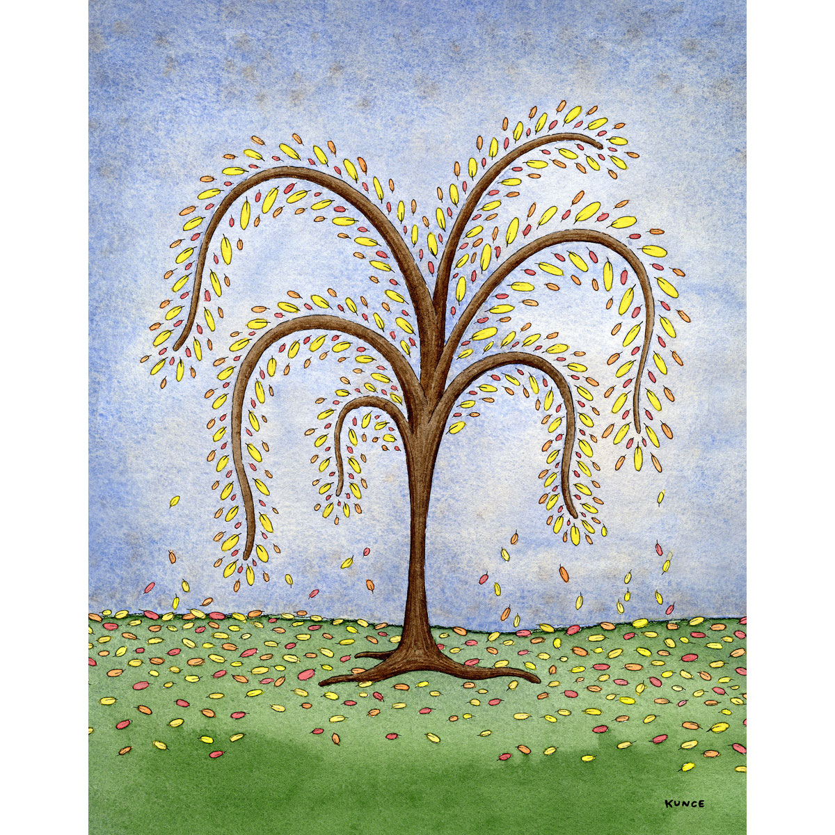 Printable autumn tree wall art with featuring a watercolor tree with yellow and orange fall leaves dropping onto a green hill