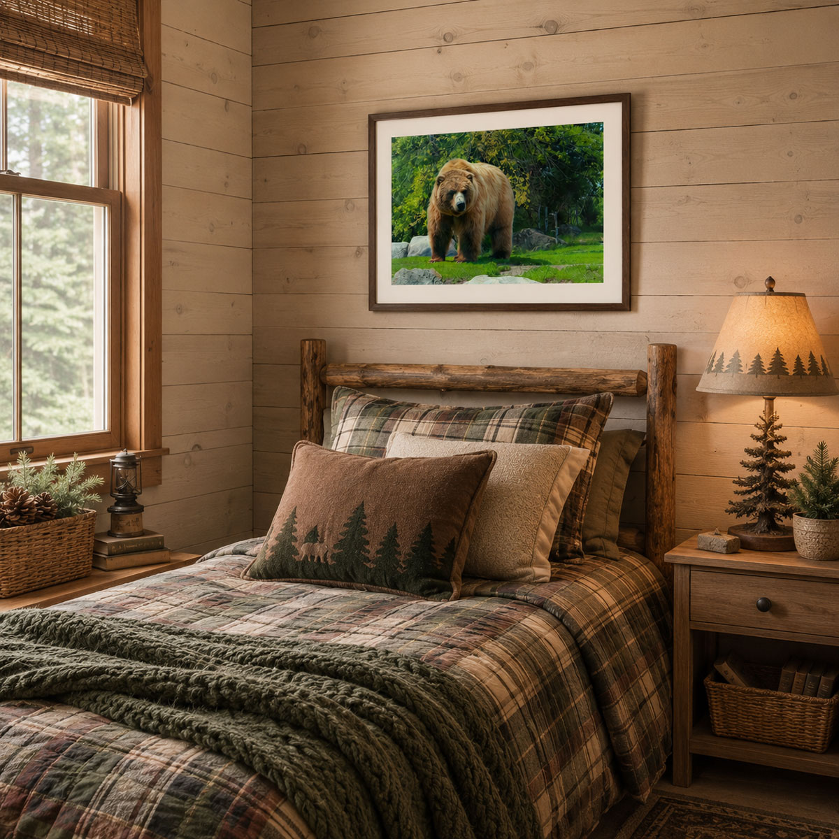 Photograph of a brown bear in a setting of grass and trees framed on a bedroom wall