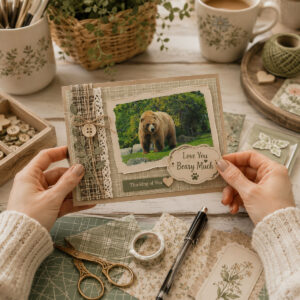 Photograph of a brown bear in a setting of grass and trees used to make a handmade greeting card
