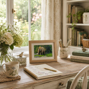 Photograph of a brown bear in a setting of grass and trees framed on an office desk