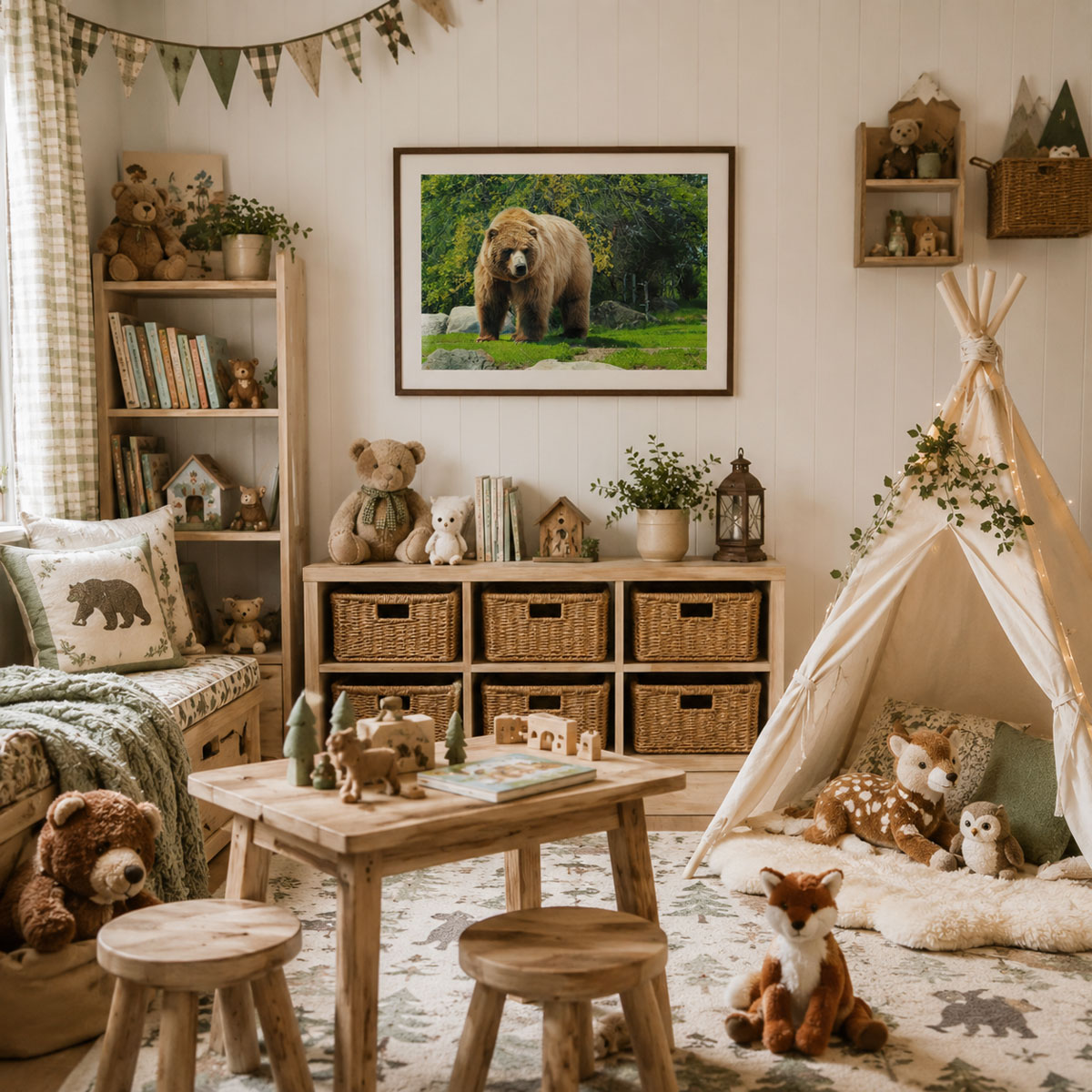 Photograph of a brown bear in a setting of grass and trees framed in a child's playroom