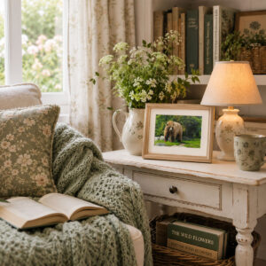 Photograph of a brown bear in a setting of grass and trees framed on a reading nook side table