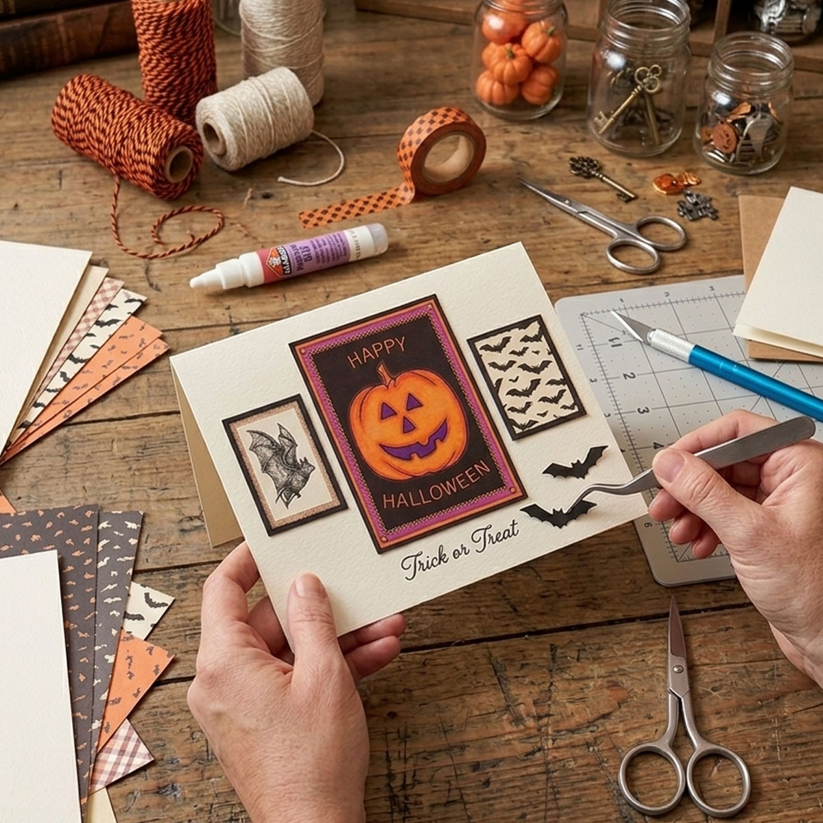 Halloween pumpkin artwork used to create a scrapbook-style card