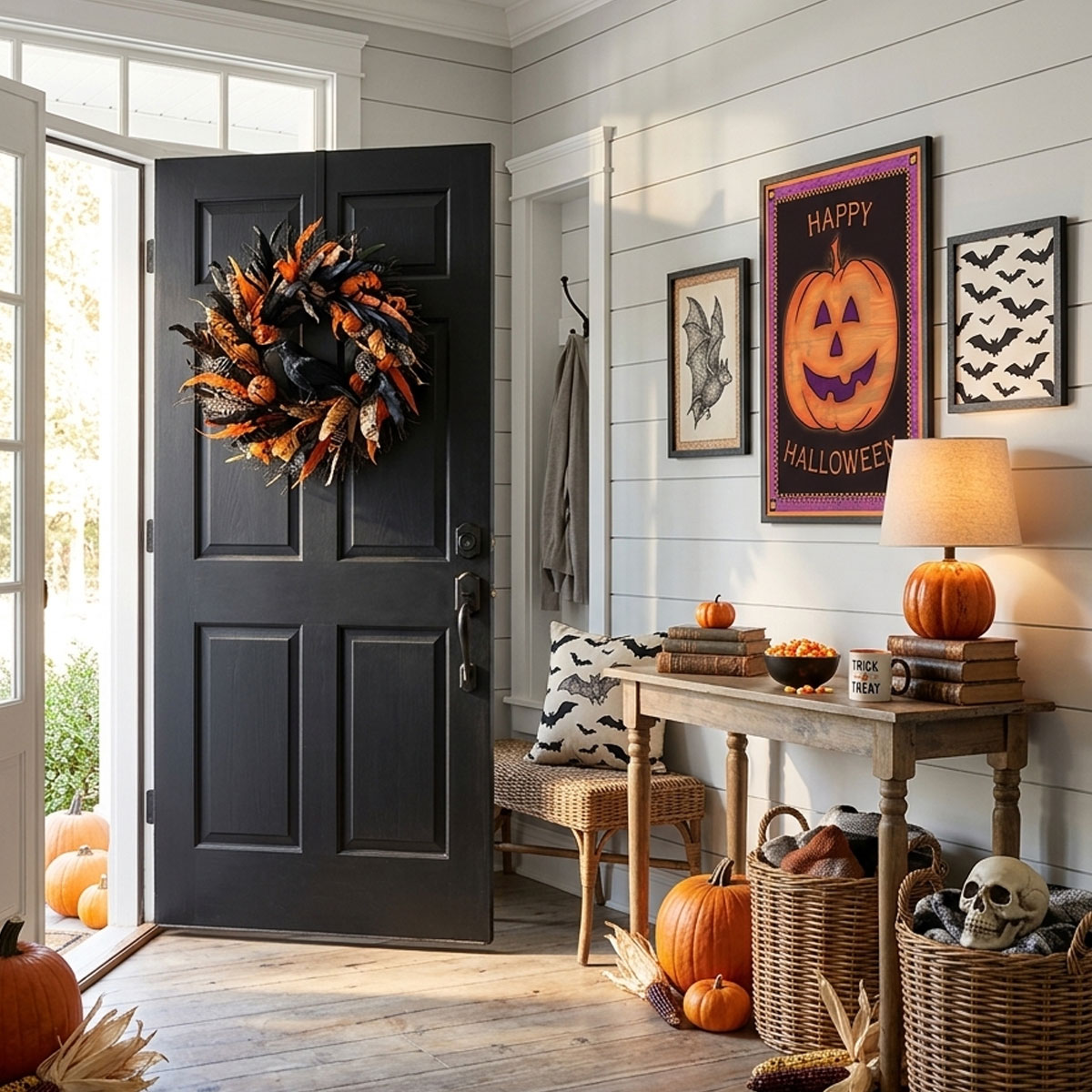 Halloween pumpkin artwork framed on an entry wall