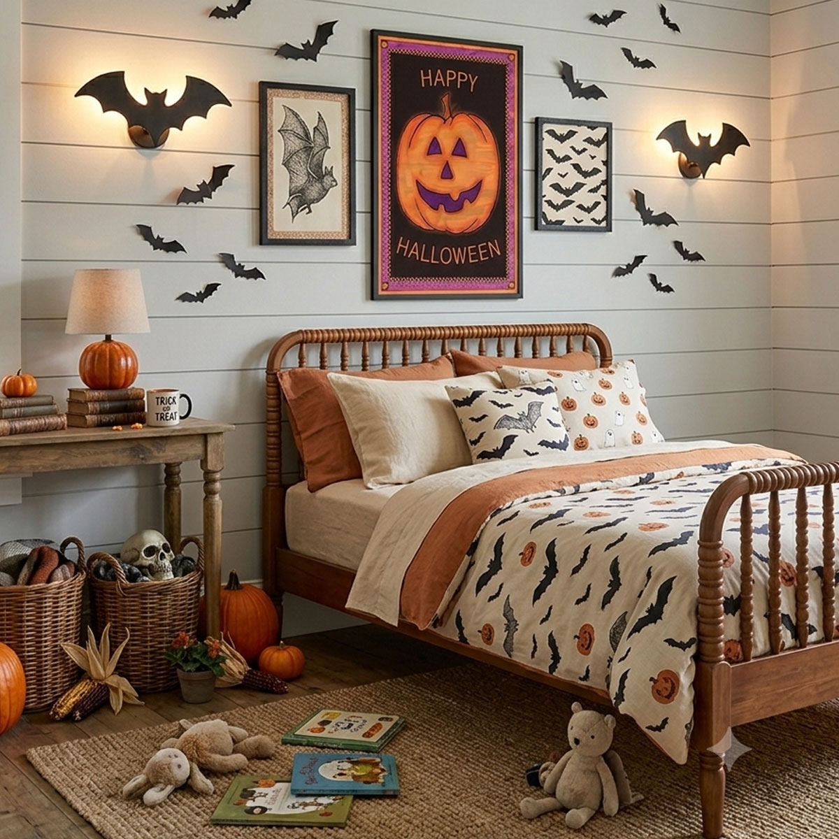Halloween pumpkin artwork framed on a bedroom wall