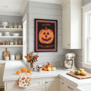 Halloween pumpkin artwork framed on a kitchen wall