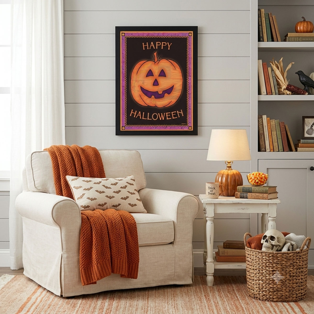 Halloween pumpkin artwork framed on a reading nook wall