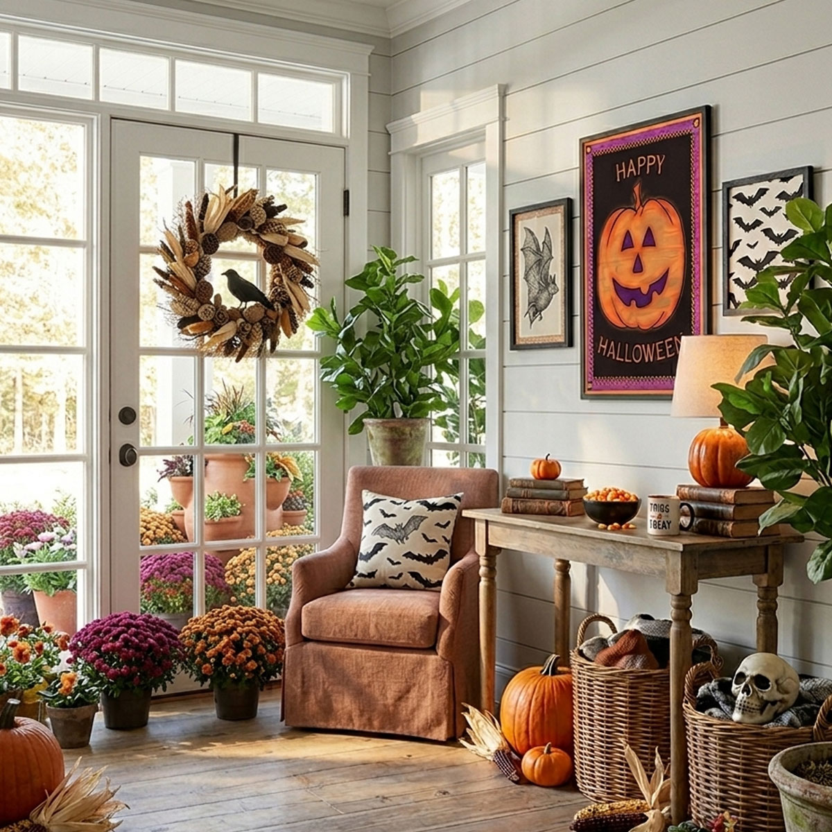 Halloween pumpkin artwork framed on a sunroom wall