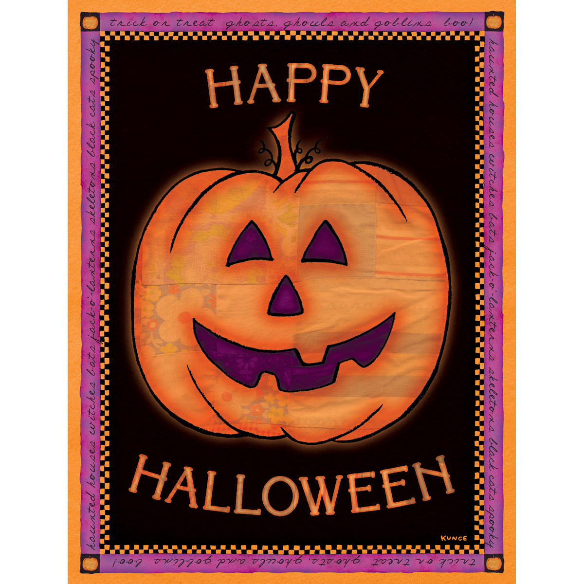 Vintage Halloween Wall Art Printable featuring a stitched jack-o'-lantern and Happy Halloween text with a checkered border