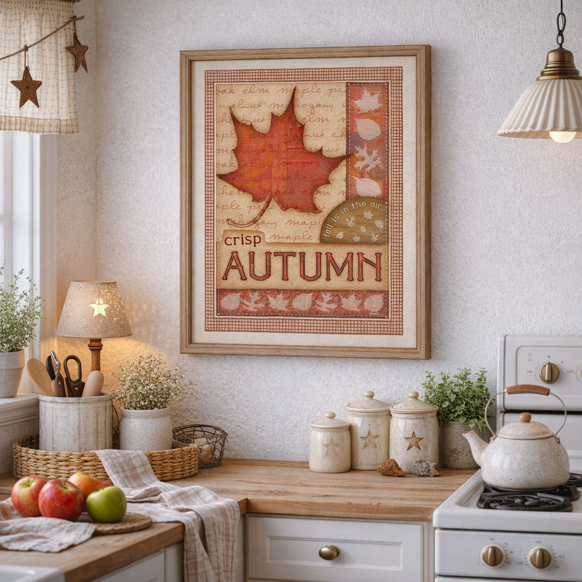Mockup of crisp autumn leaf art in a frame in a kitchen.