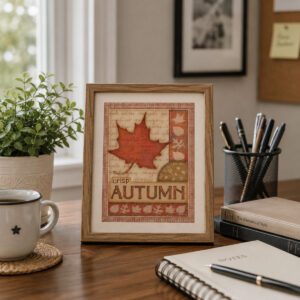 Mockup of crisp autumn leaf art in a frame on a desk.