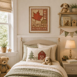 Mockup of crisp autumn leaf art in a frame on a wall in a kid's room.
