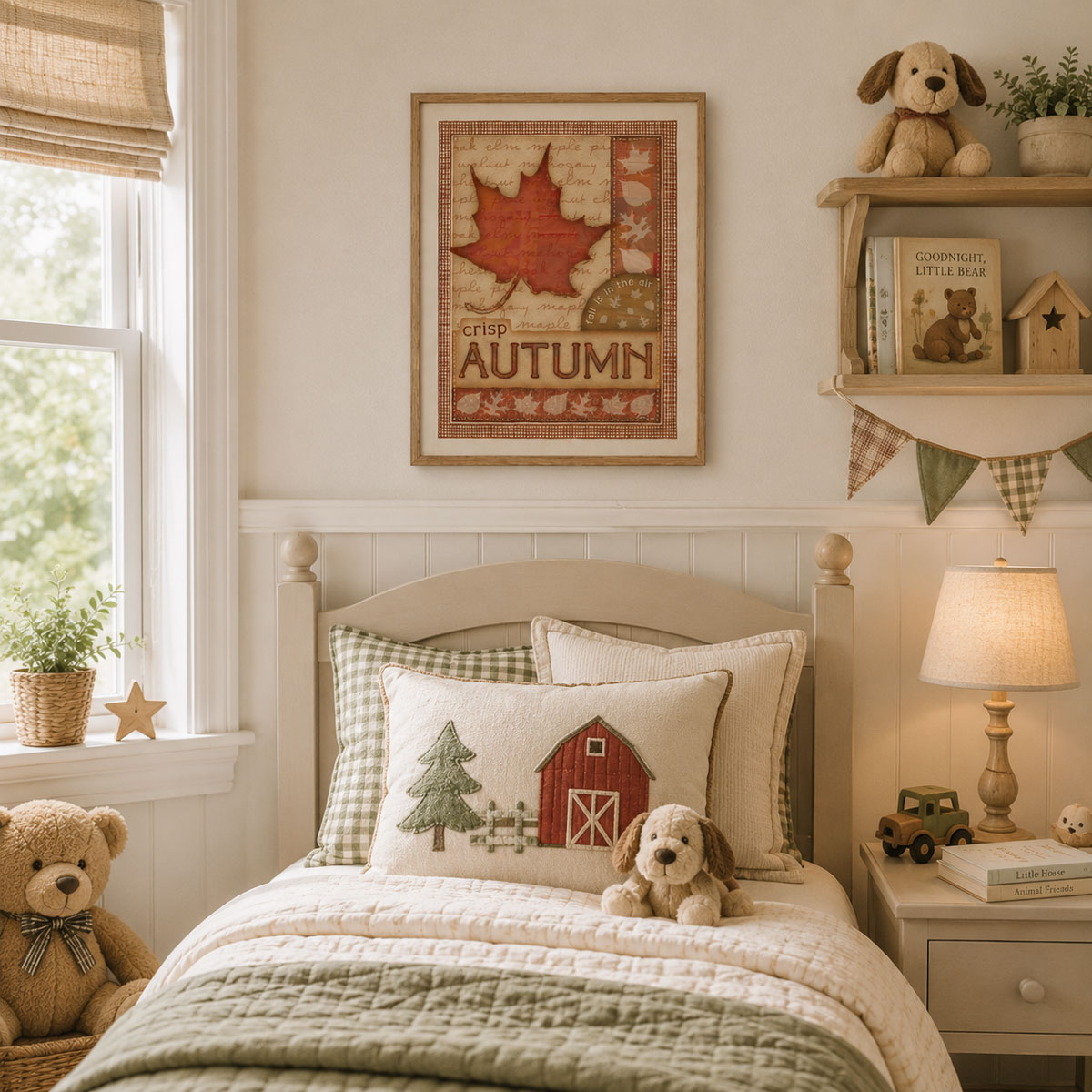 Mockup of crisp autumn leaf art in a frame on a wall in a kid's room.
