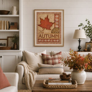 Mockup of crisp autumn leaf art in a frame in a living room.