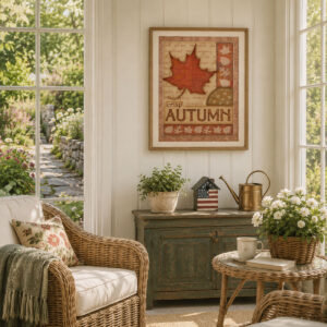 Mockup of crisp autumn leaf art in a frame in a sunroom.