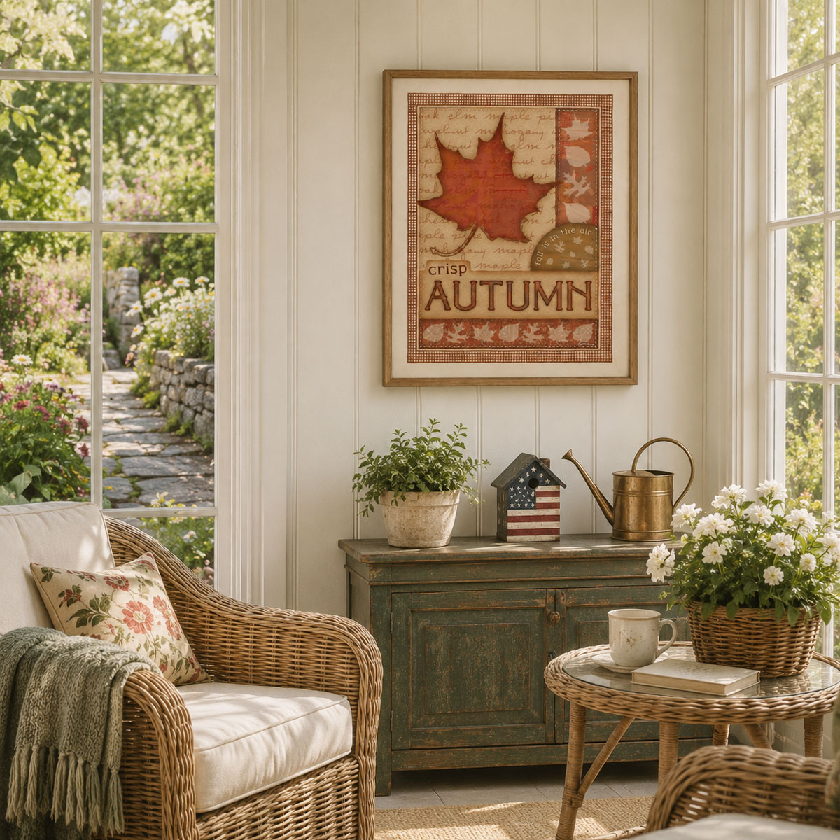Mockup of crisp autumn leaf art in a frame in a sunroom.