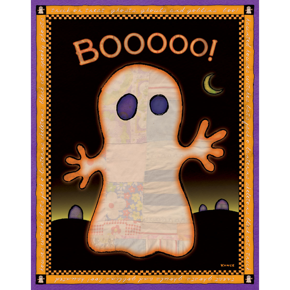 Cute Ghost Printable Halloween Wall Art featuring a glowing patchwork ghost against a moonlit night sky with a purple border.