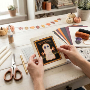 Cute Ghost Printable Halloween Wall Art featuring a glowing patchwork ghost against a moonlit night sky with a purple border.