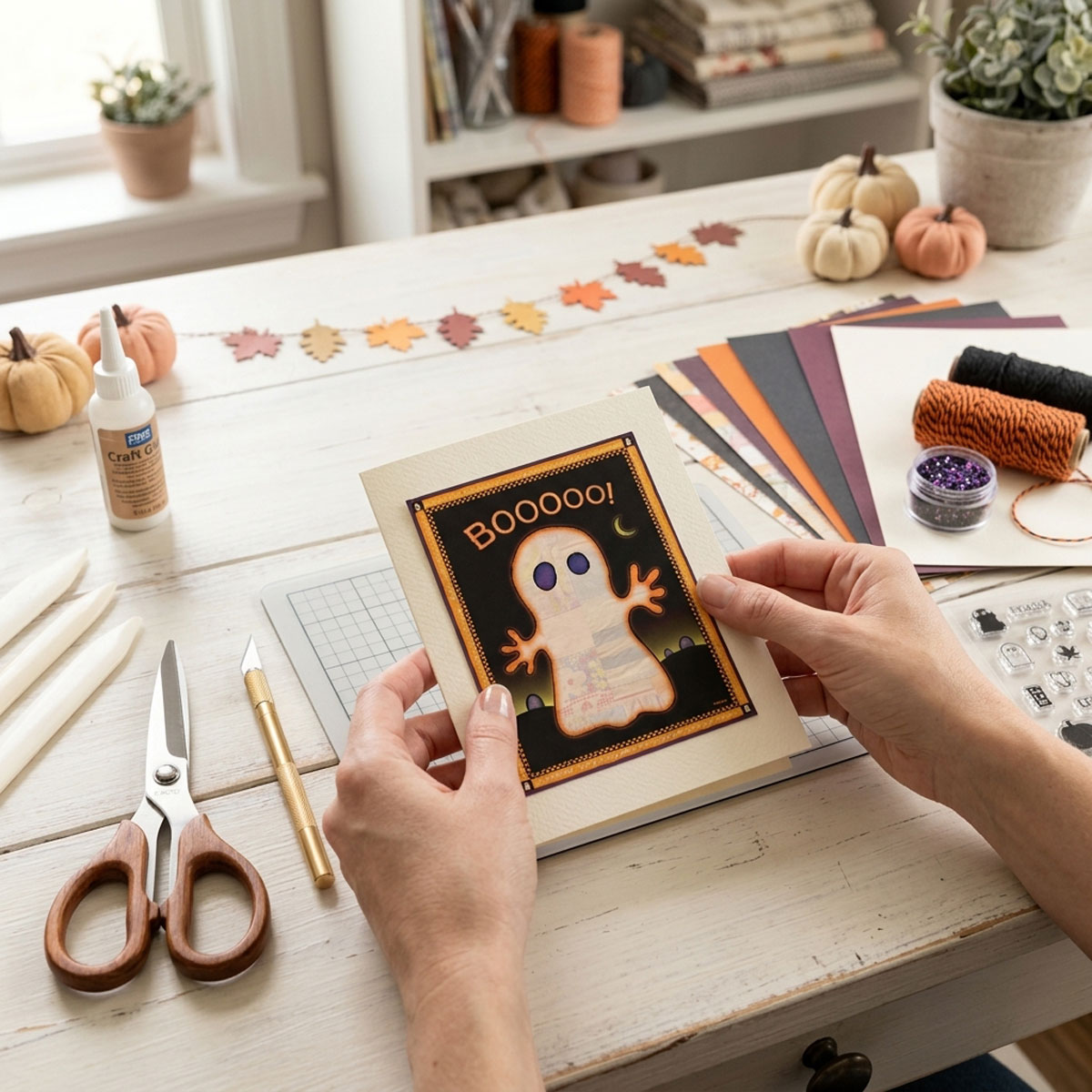Cute Ghost Printable Halloween Wall Art featuring a glowing patchwork ghost against a moonlit night sky with a purple border.
