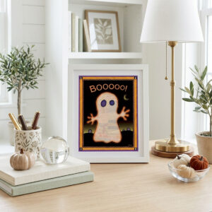 Cute Ghost Printable Halloween Wall Art featuring a glowing patchwork ghost against a moonlit night sky with a purple border.