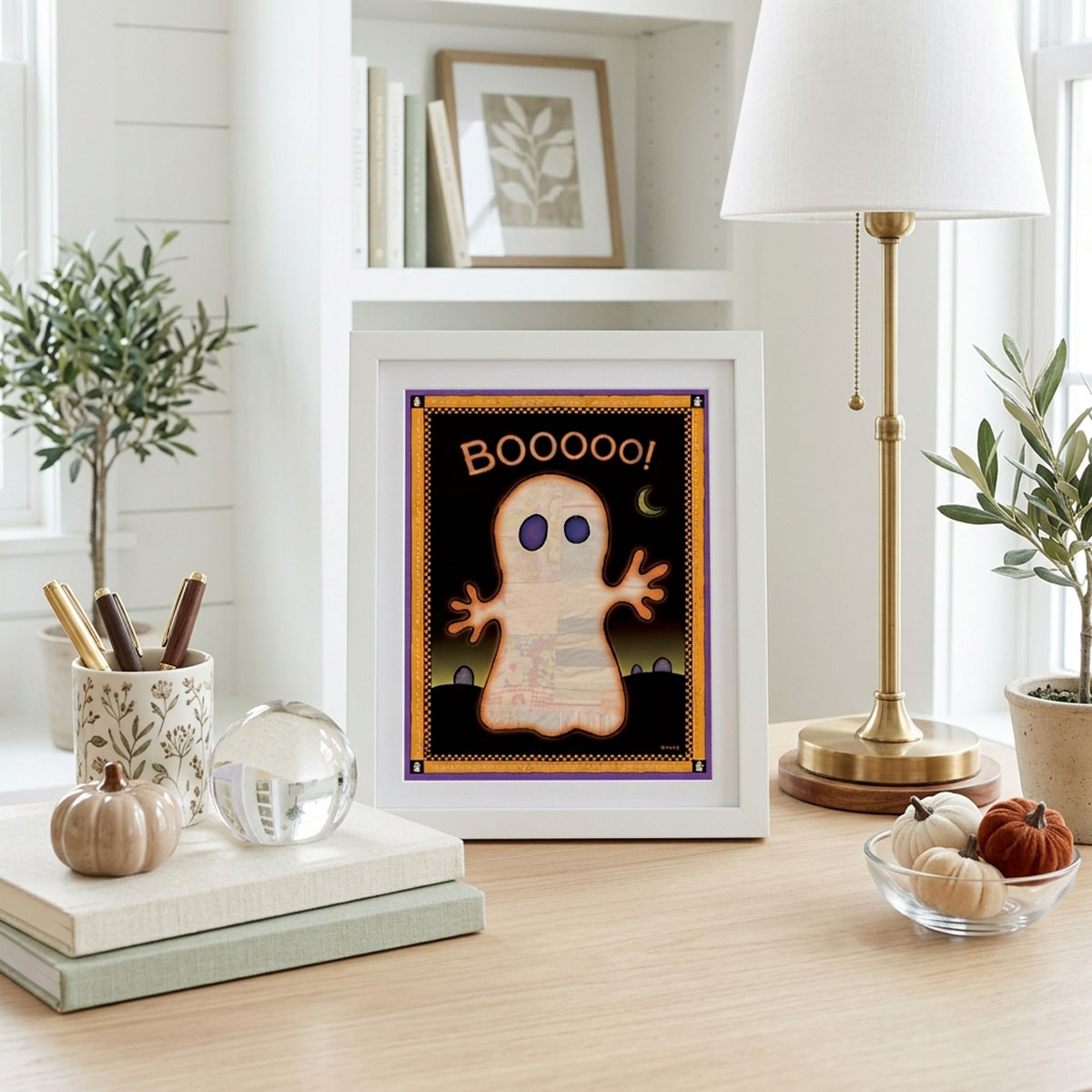 Cute Ghost Printable Halloween Wall Art featuring a glowing patchwork ghost against a moonlit night sky with a purple border.