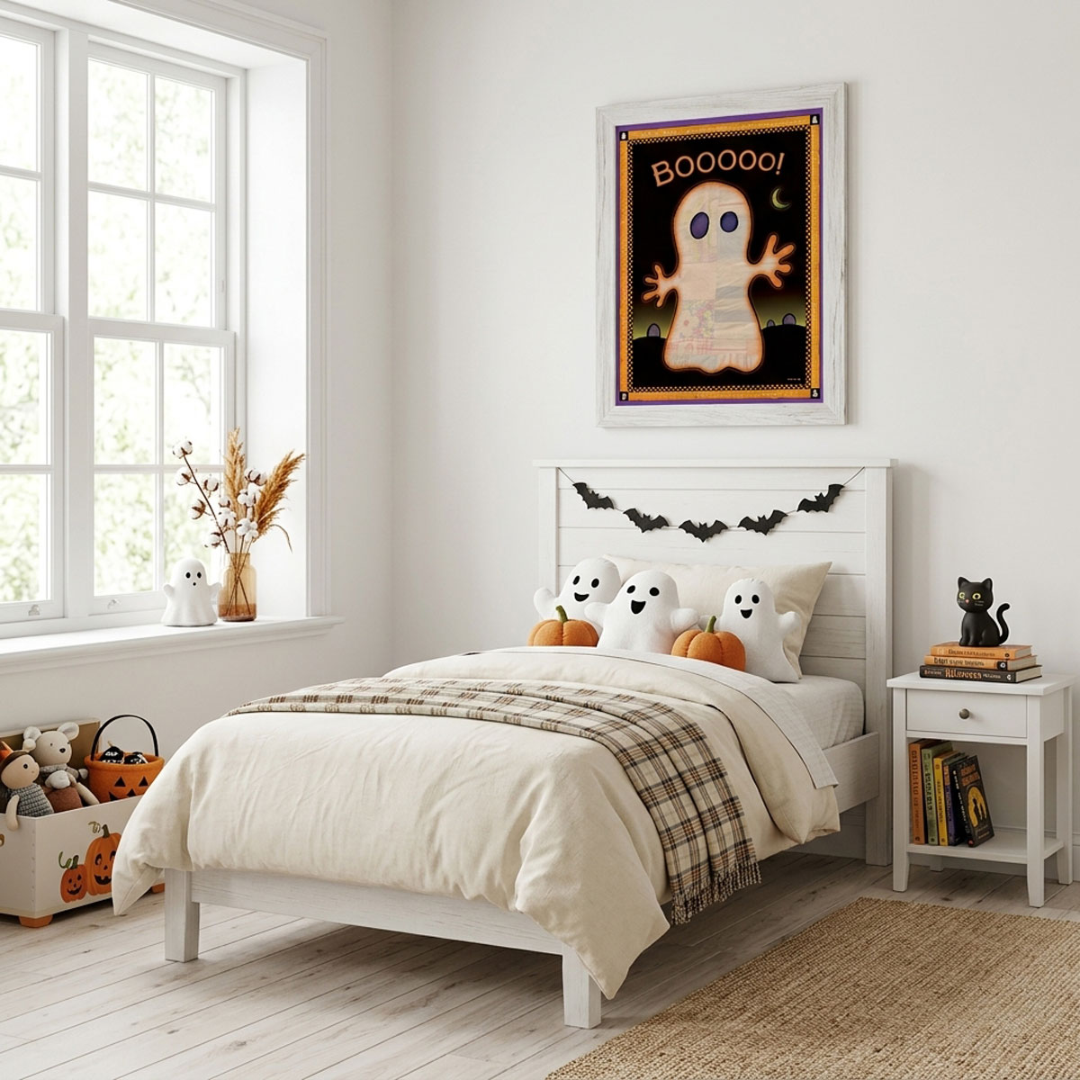 Cute Ghost Printable Halloween Wall Art featuring a glowing patchwork ghost against a moonlit night sky with a purple border.