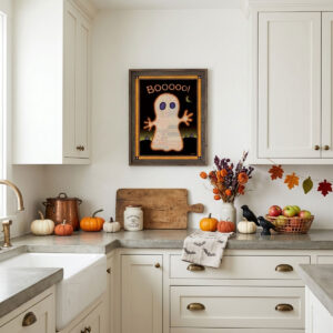 Cute Ghost Printable Halloween Wall Art featuring a glowing patchwork ghost against a moonlit night sky with a purple border.
